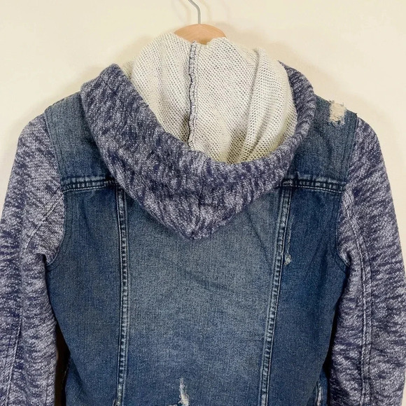 Free People Mixed Media Distressed Denim Jacket  with Knit Sleeves - Picture 14 of 16